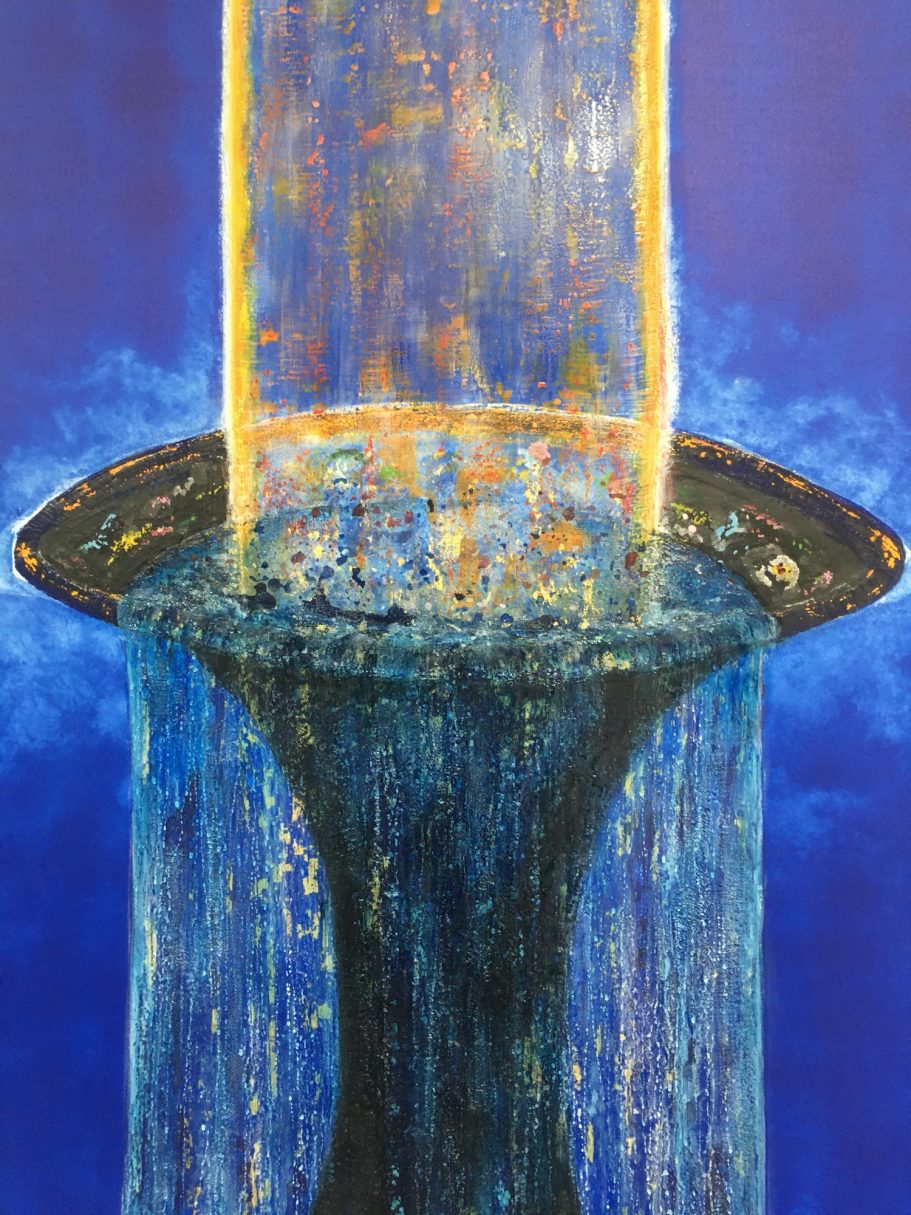 überfliessender kelch mit buntem lichtstrahl