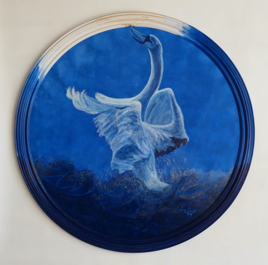 schwan encaustic und tusche in rundem rahmen